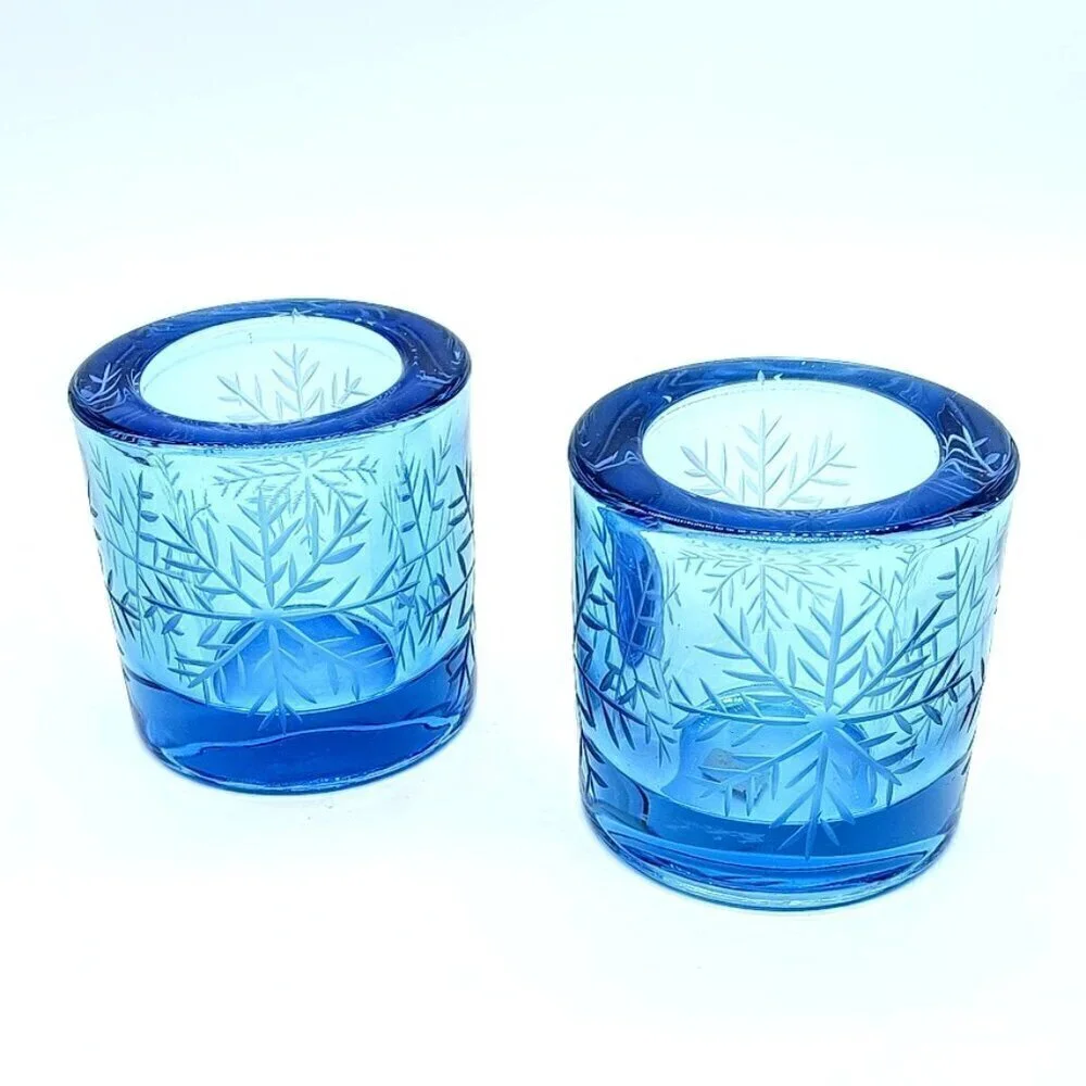 Handmade Swiss Blue Snowflake Glass Votive Candle Holders (2)